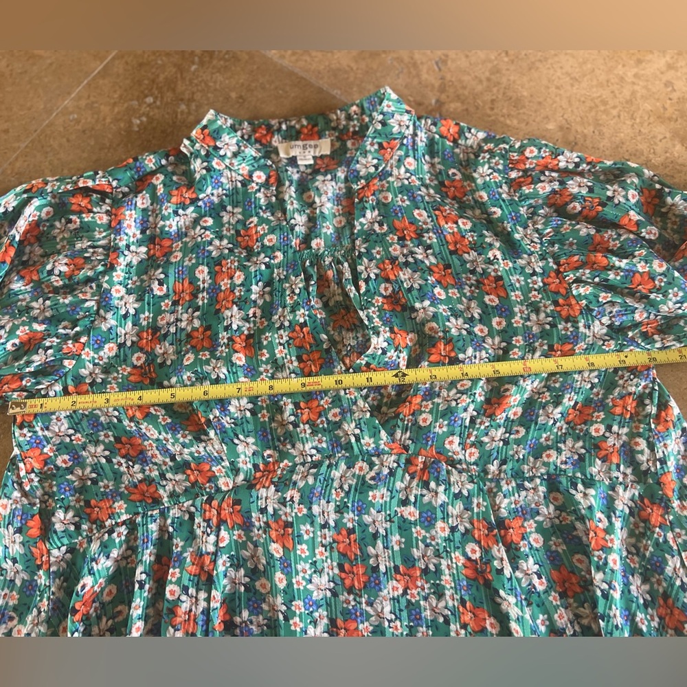 Umgee Teal Floral Puff Sleeve Metallic Babydoll Dress - Size S - VGC - Picture 8 of 9